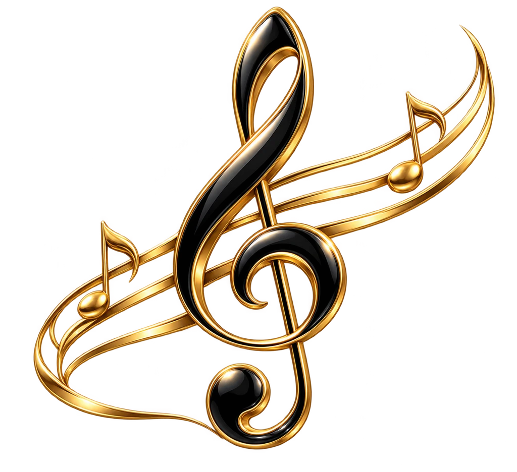 Flowing treble clef · Black and gold